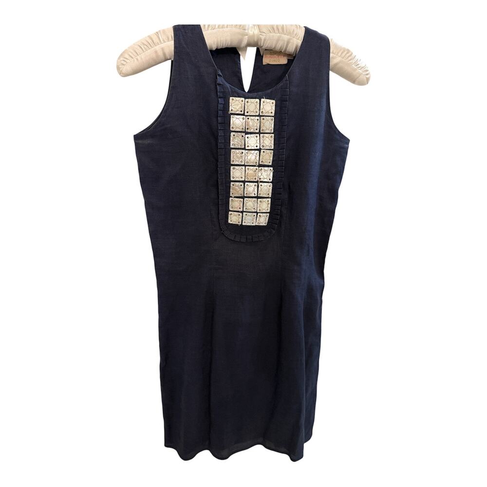 Rungolee Navy Linen Beaded Shift Dress XS